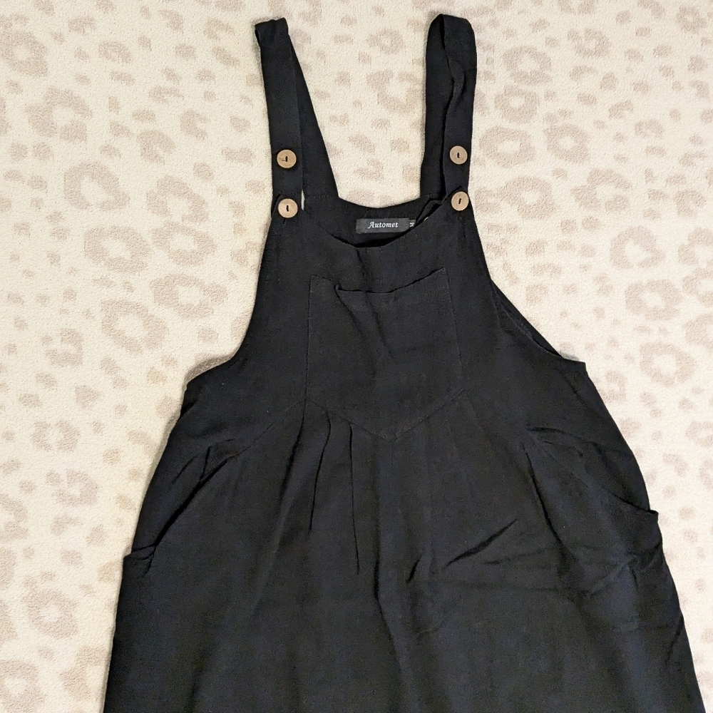 Wide Leg Lightweight Natural Fiber Black Buttoned Overalls Flowy Rayon Linen Med